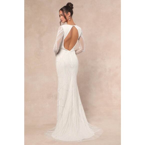 NWT Lulus Deedra White Sequin Beaded Backless Maxi Dress Wedding Bridal Bride S